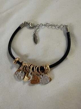 Demdaco Giving Collection Black Leather Bracelet Hearts Silver & Gold Hearts NEW